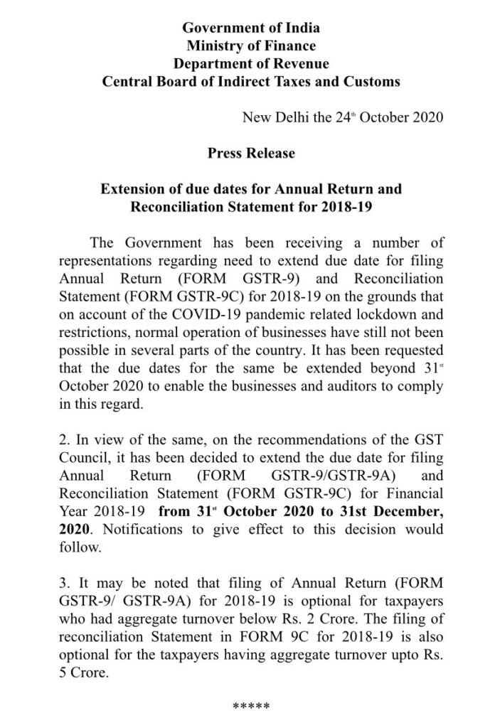 Extend the due date for filing Annual Return (FORM GSTR-9/GSTR-9A and GSTR-9C