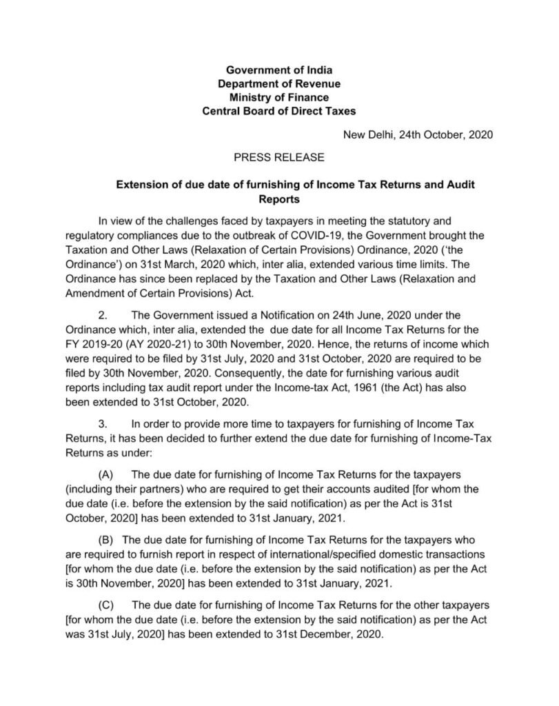 Income Tax Return Deadline For F.Y 2019-20 Extended to 31st, January,2021 ||Extended due date for tax Audit