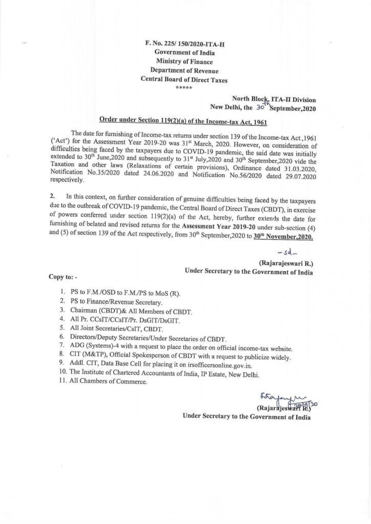 CBDT Extends due date for ITRs filing for AY 2019-20