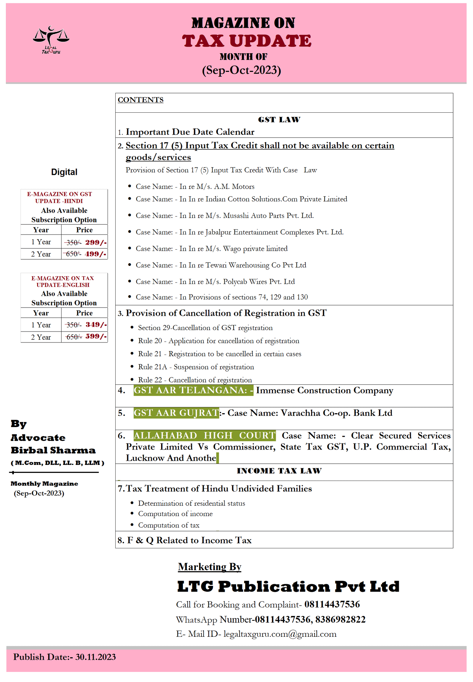 Magazine on Tax Update (Sep-Oct-2023) || Online Publication-30.11.2023
