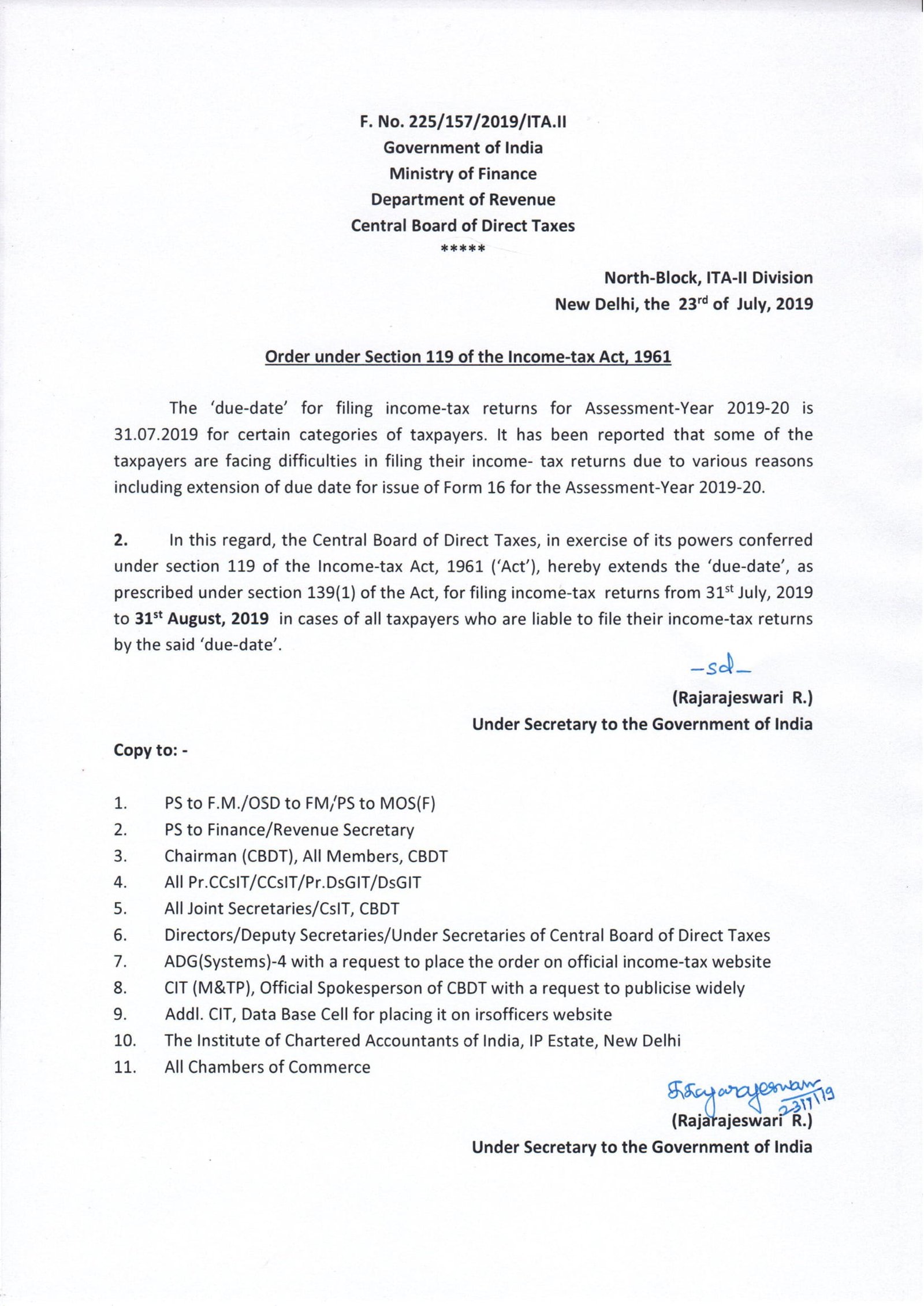 CBDT Extends Due Date To File Income Tax Returns For AY 2019-20 ...