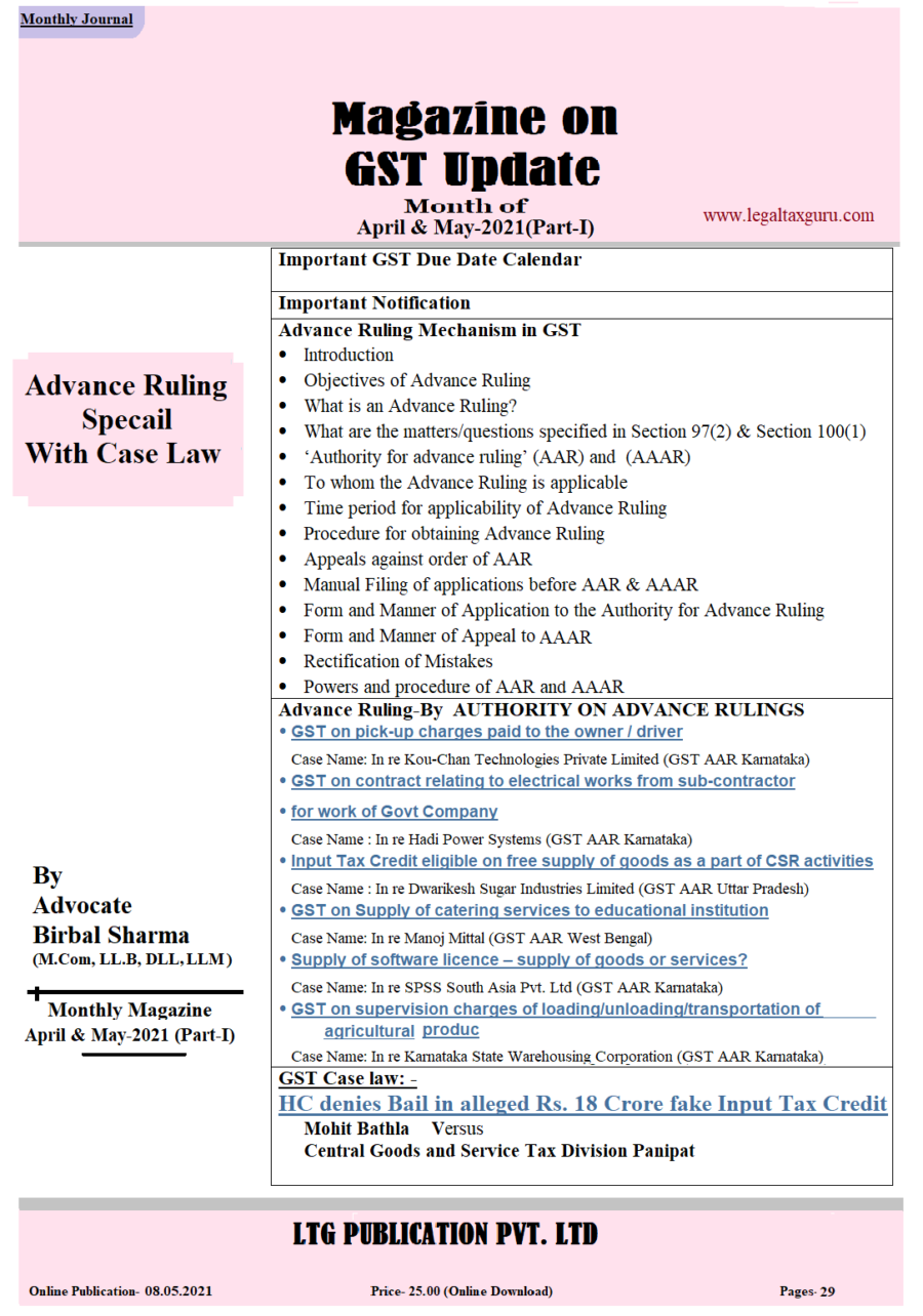 GST Update Month of April-May 2021 (Part-I) || Online Publication- 08.05.2021 ||E-GST Magazine